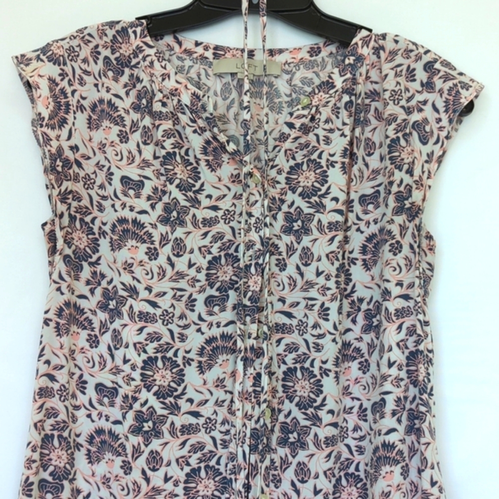 LOFT | Floral Shirtdress, Button Down Tie Waist Cap Sleeve, Pink & Blue - Picture 6 of 14